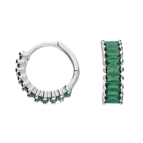 Sterling Silver Green Baguette Huggie Hoops