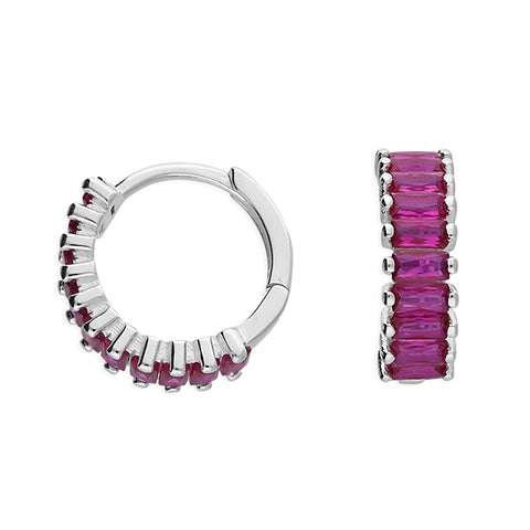 Sterling Silver Pink Baguette Huggie Hoops