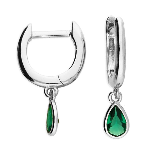Sterling Silver Huggie with Green Teardrop Charm