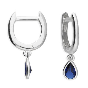 Sterling Silver Huggies with a Blue Teardrop Charm
