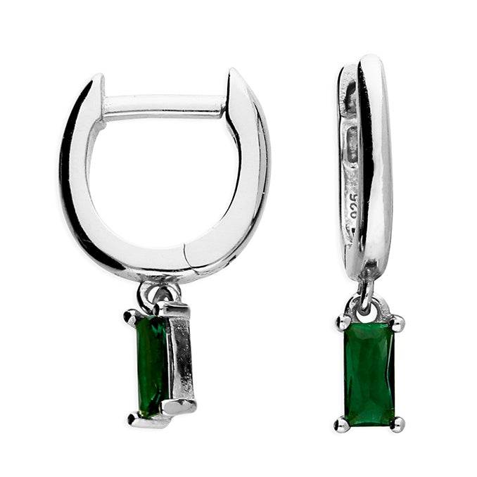 Sterling Silver Huggie with Green Baguette Shaped Charm