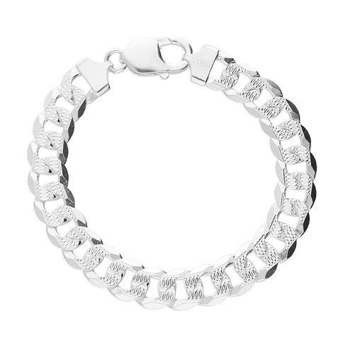 Men's Silver 21.5cm Patterned 250 Diamond Cut Curb Chain Bracelet