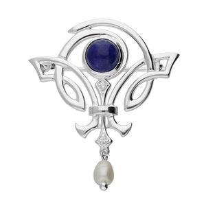 Silver Lapis and Pearl Nouveau Brooch
