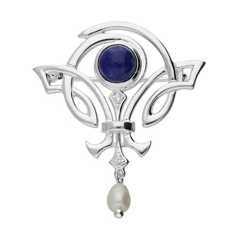 Silver Lapis and Pearl Art Nouveau Brooch
