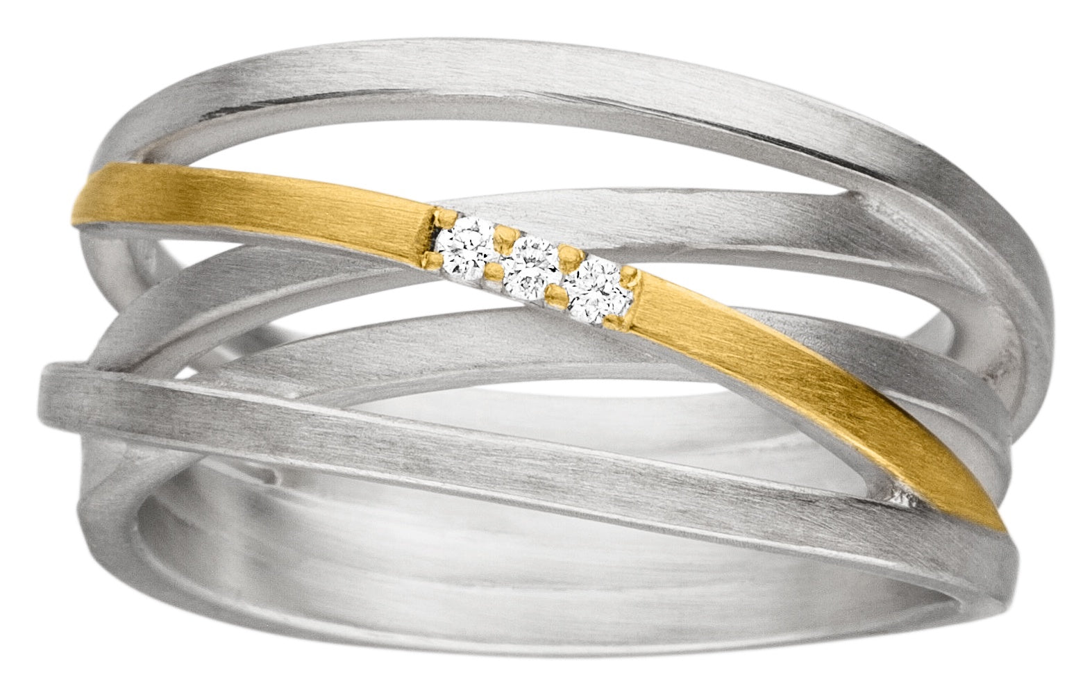 Silver & Gold Interwoven ring with a Trio diamonds