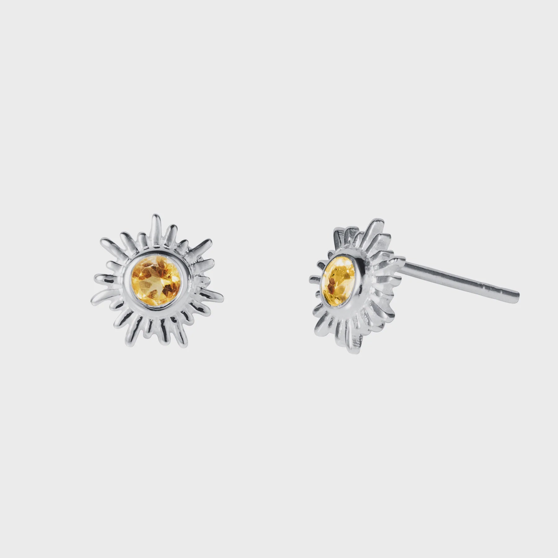 Silver Sun Stud Earrings with Natural Citrine