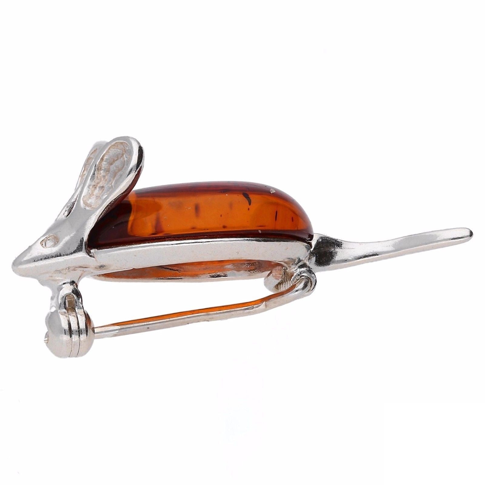 Cognac Amber & Silver Mouse Brooch