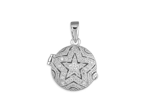 Sterling Silver Locket Round with CZ Star Pattern Necklace
