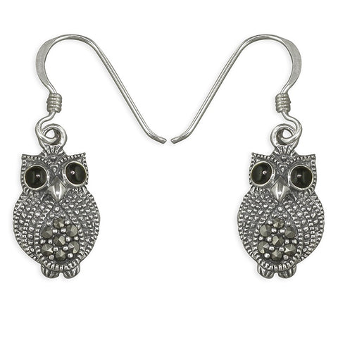 Sterling Silver Marcasite Owl Drop Earrings