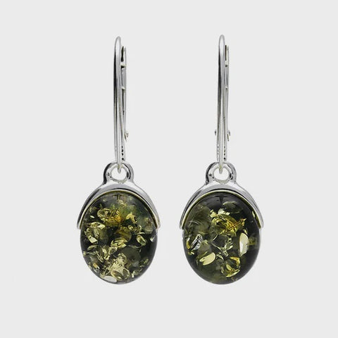 Green Amber & Silver Classic Oval Earrings