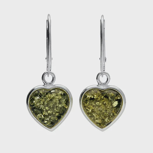 Green Amber & Silver Heart Drop Earrings