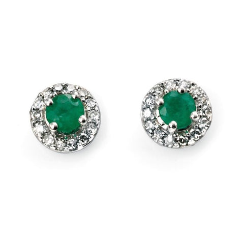 9ct White Gold Emerald Diamond Cluster Stud Earrings
