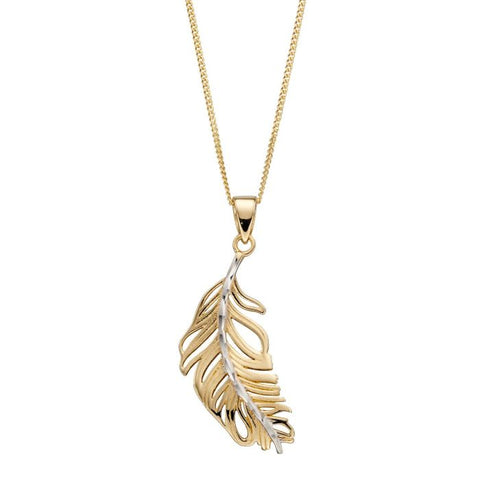 9ct Yellow & White Gold Feather Pendant Necklace