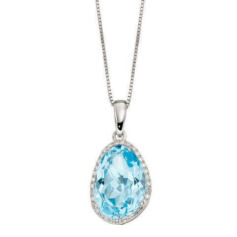 9ct White Gold Diamond Irregular Blue Topaz Pendant Necklace