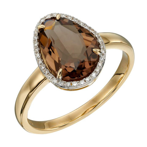 9ct Yellow Gold Diamond & Smokey Quartz Ring