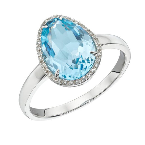 9ct White Gold Diamond & Blue Topaz Ring