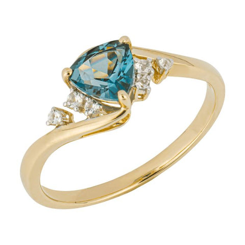 9ct Yellow Gold London Blue Topaz & White Topaz Trillion Ring