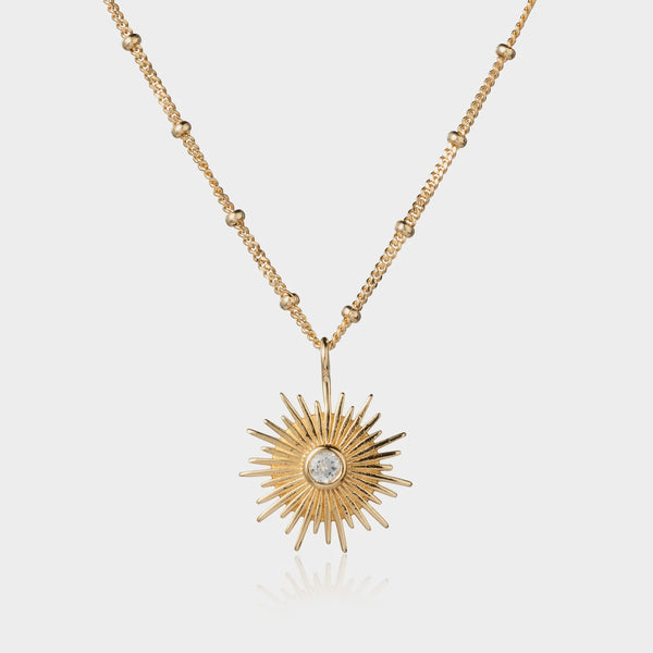 Gold Sun Necklace with Natural White Topaz