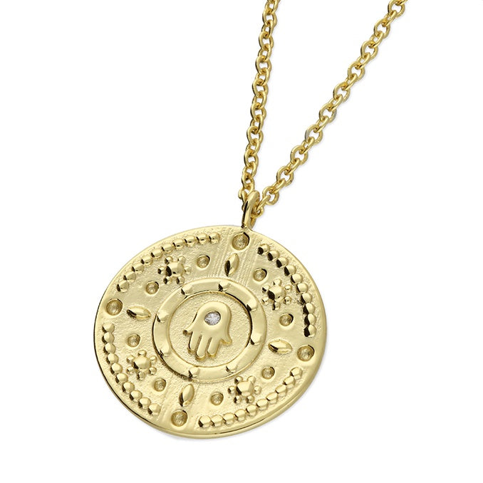 Gold Hamsa Circle Disc Necklace