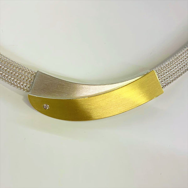 Silver & Gold Crossing Rectangles with Diamond Necklace